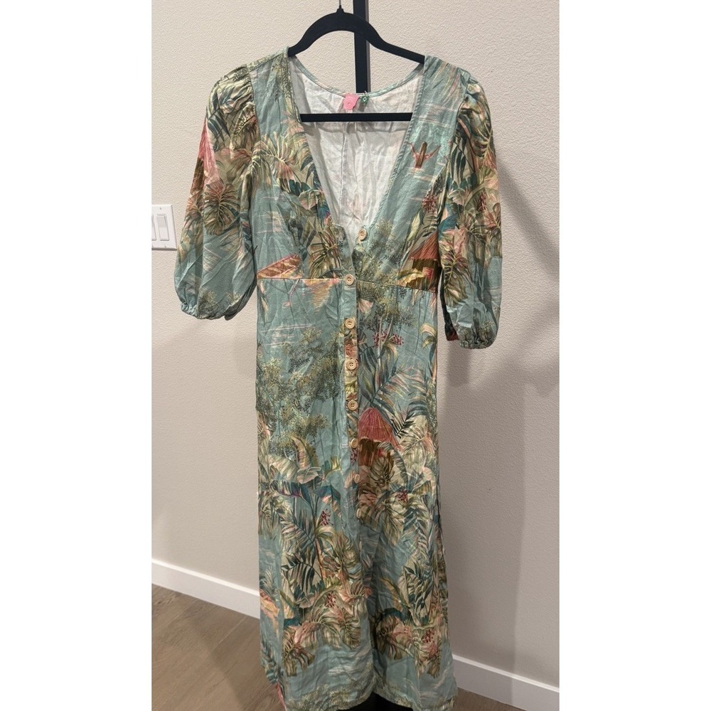 Farm Rio Tropical Jungle Midi Dress Puff Sleeve Button Front Brazil‎ SZ P